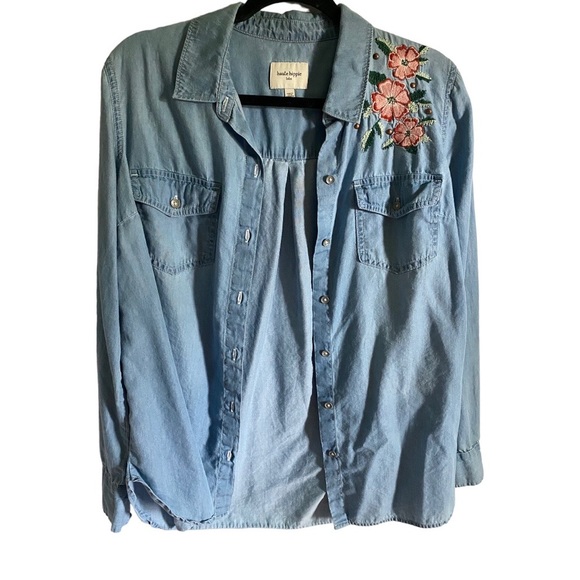Haute Hippie | Medium Chambray "Lucia" Floral Embroidered Collared Button Down - Picture 4 of 9